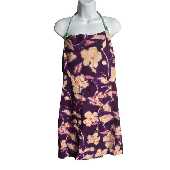 Zara Purple Floral Halter Dress Size XXL Green Straps Viscose Blend Low Back - Picture 1 of 5